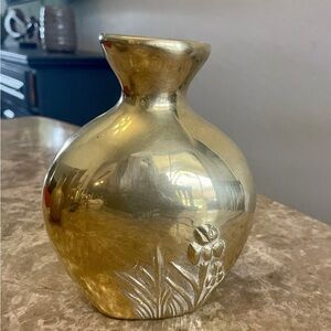 Vintage Solid Brass Vase with Embossed Floral Design